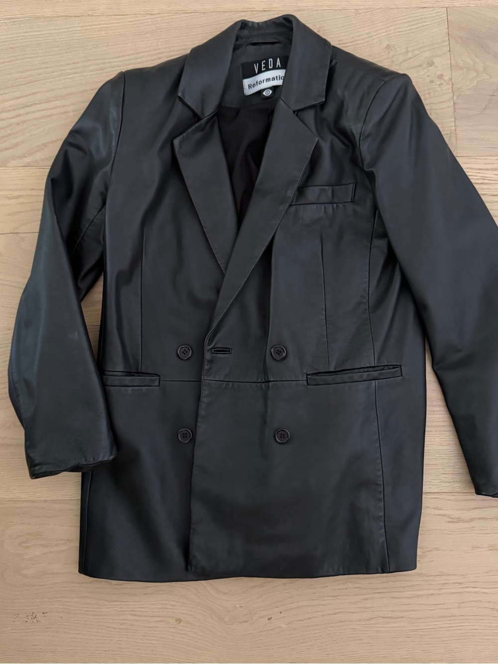 Reformation x Veda Hal Black Double-Breasted Leather Blazer